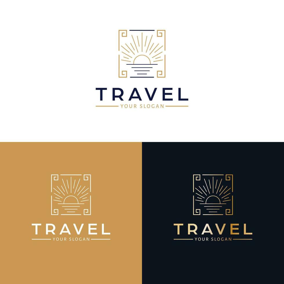 viaggio vettore logo design. tramonto e mare logotipo. natura paesaggio logo modello.
