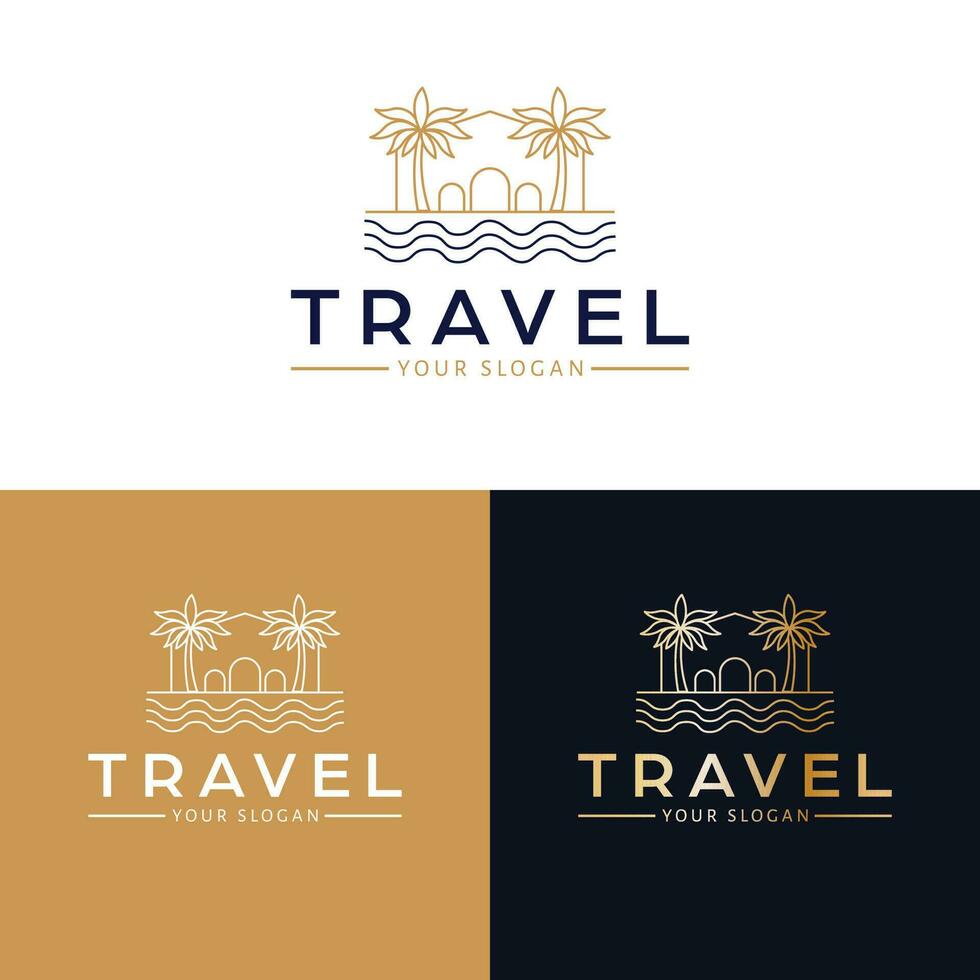 viaggio vettore logo design. villa con palme e oceano logotipo. tropicale logo modello.