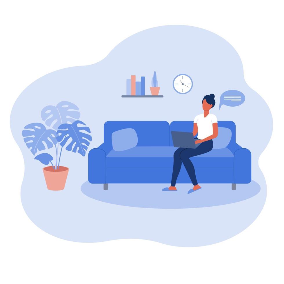 una ragazza con un laptop è seduta sul divano del soggiorno. lavorare a distanza da casa. illustrazione vettoriale in uno stile piatto. freelance o studio del concetto