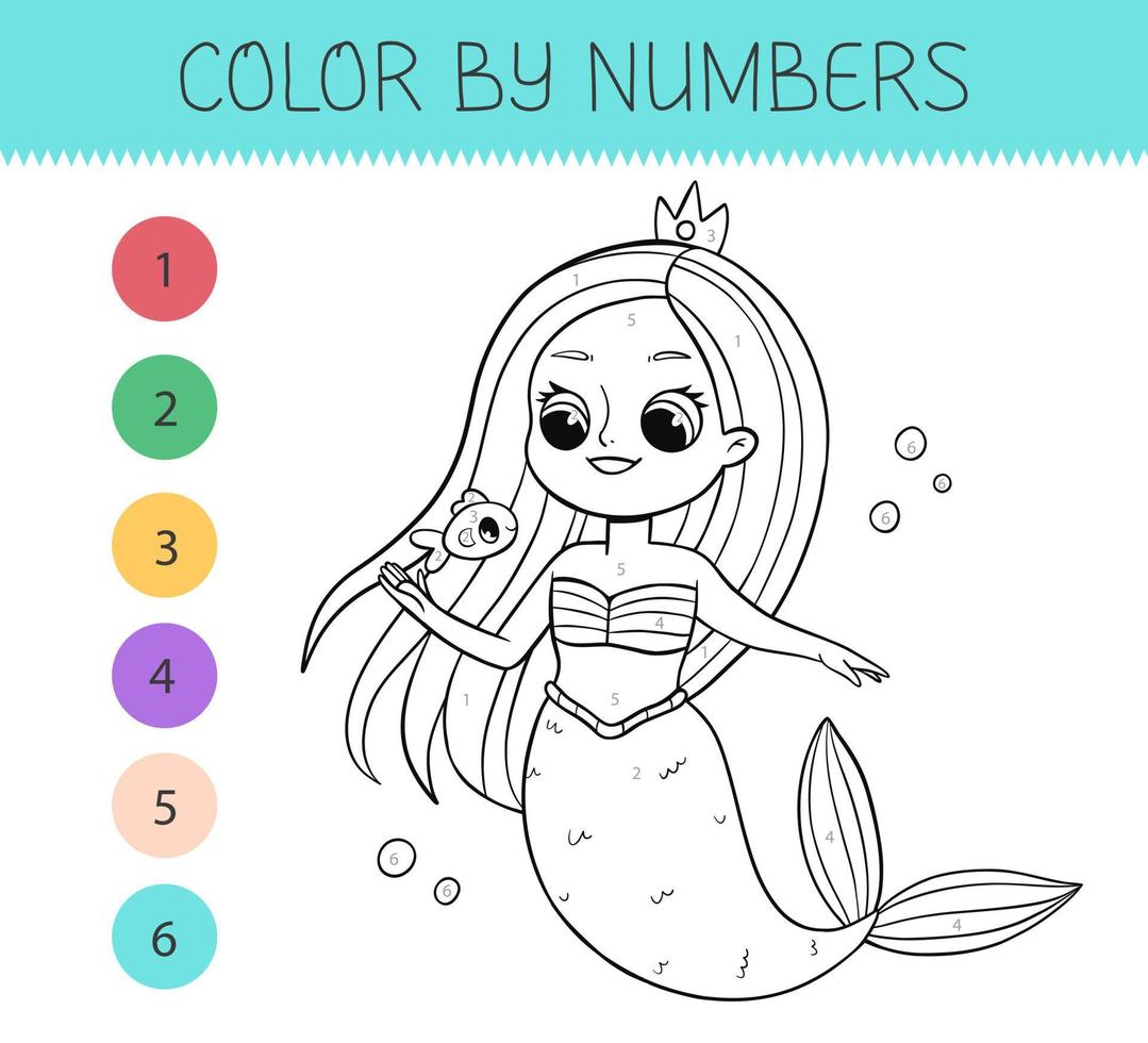colore di numeri colorazione libro per bambini con carino sirena. colorazione pagina con cartone animato sirena. monocromatico nero e bianca. vettore illustrazione.