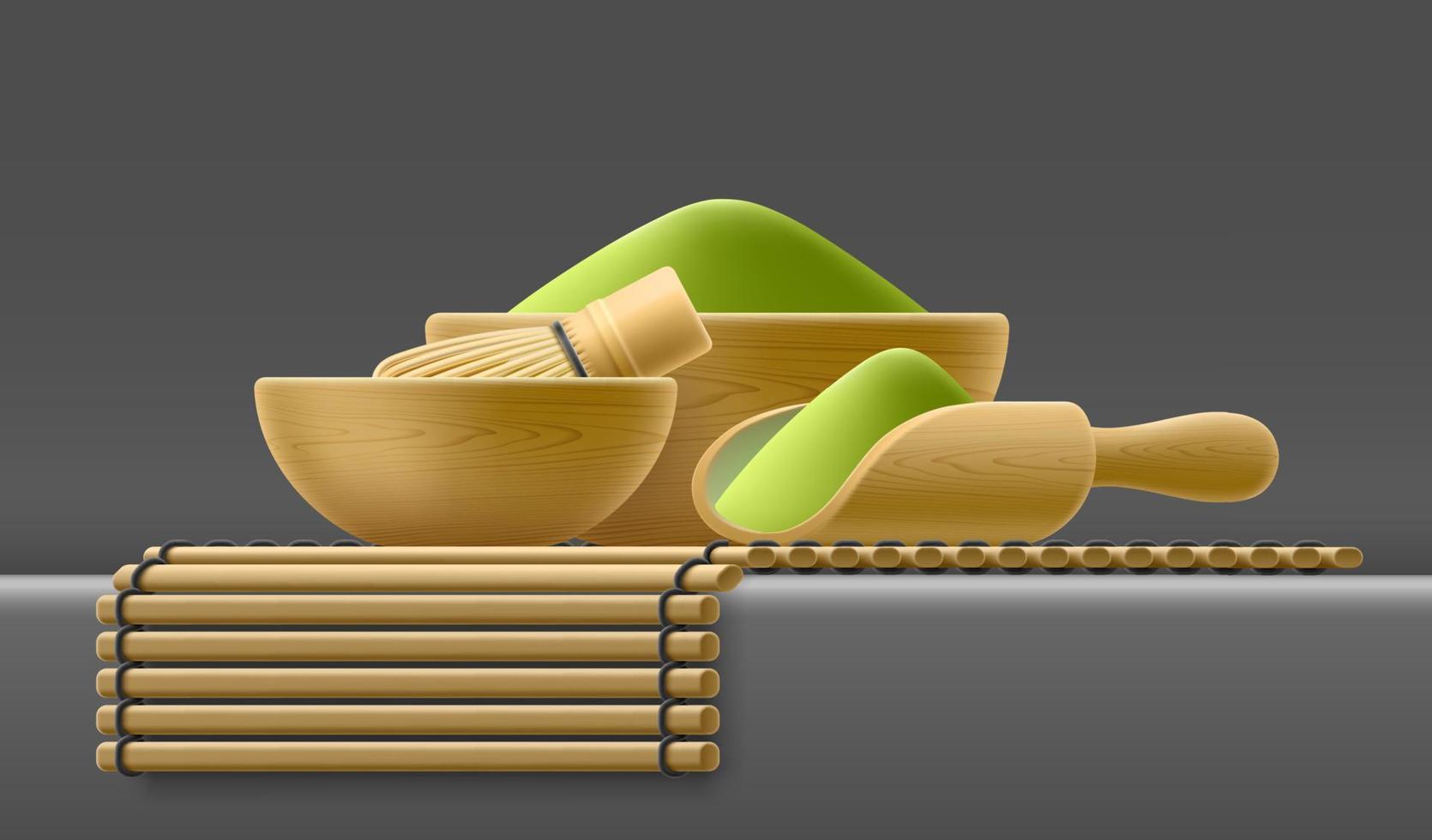 giapponese tradizionale matcha biologico verde tè polvere. vettore 3d illustrazione di bambù cucinando impostare. frusta per sbattere modello, ciotola, tovagliolo su buio sfondo. di legno utensili