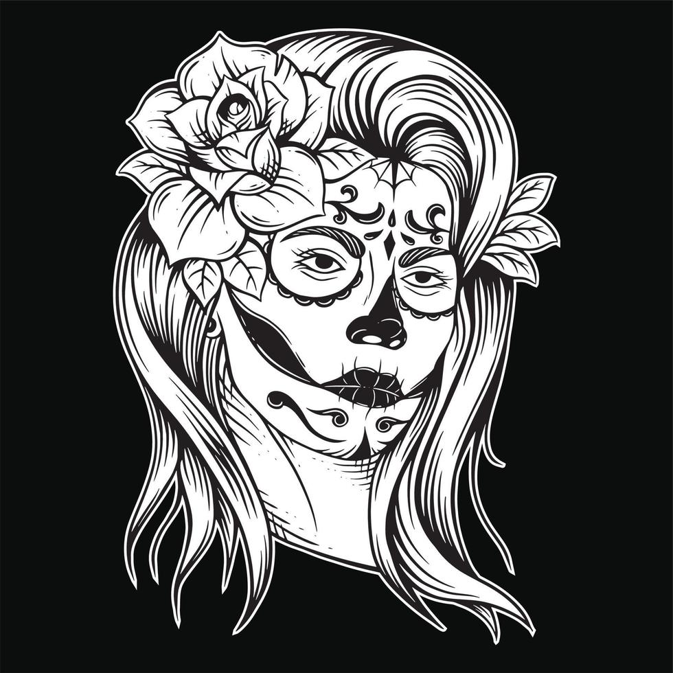 zucchero cranio ragazza muertos ragazza viso con fiore Rose pittura signora Vintage ▾ stile illustrazione vettore