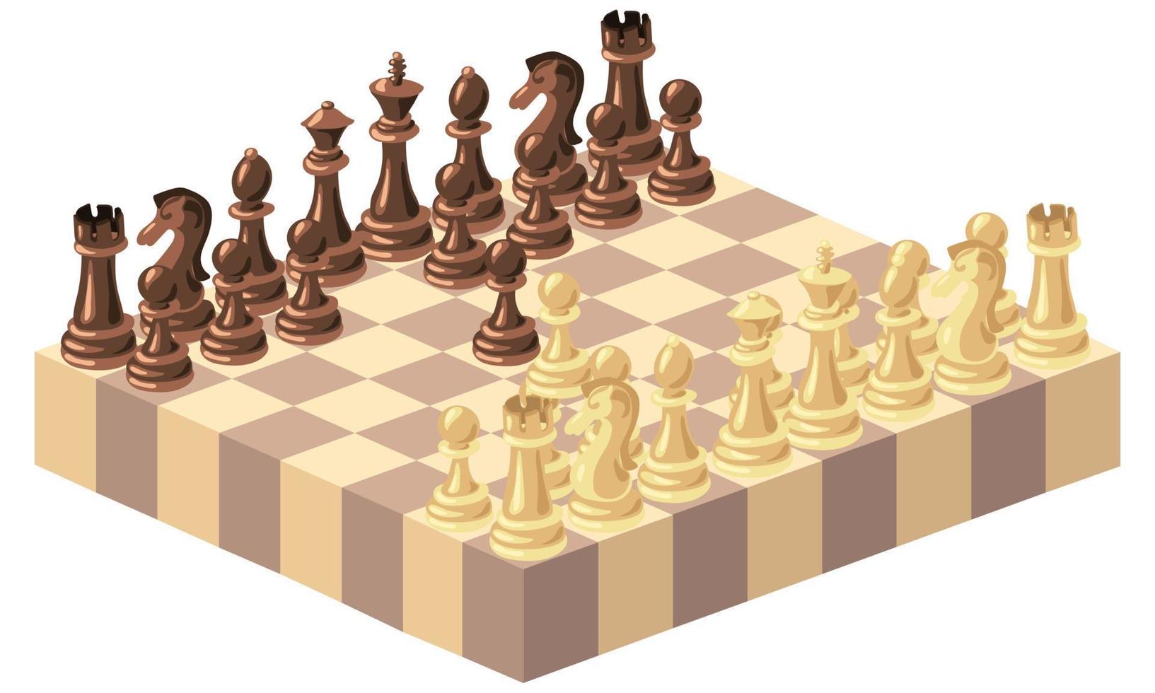 scacchi si sposta con un isometrico preparativi di pezzi su un' di legno scacchiera. un' strategico gli sport gioco, il primo muoversi. vettore illustrazione. scacchi cartone animato, scacchi tavola. di legno scacchi. scacchi tavola