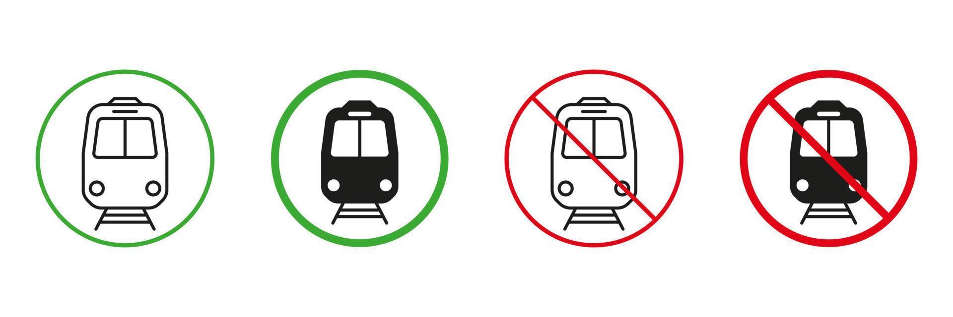 treno rosso e verde strada segni. ferrovia trasporto linea e silhouette icone impostare. Ferrovia mezzi di trasporto permesso e non permesso simbolo collezione. isolato vettore illustrazione.