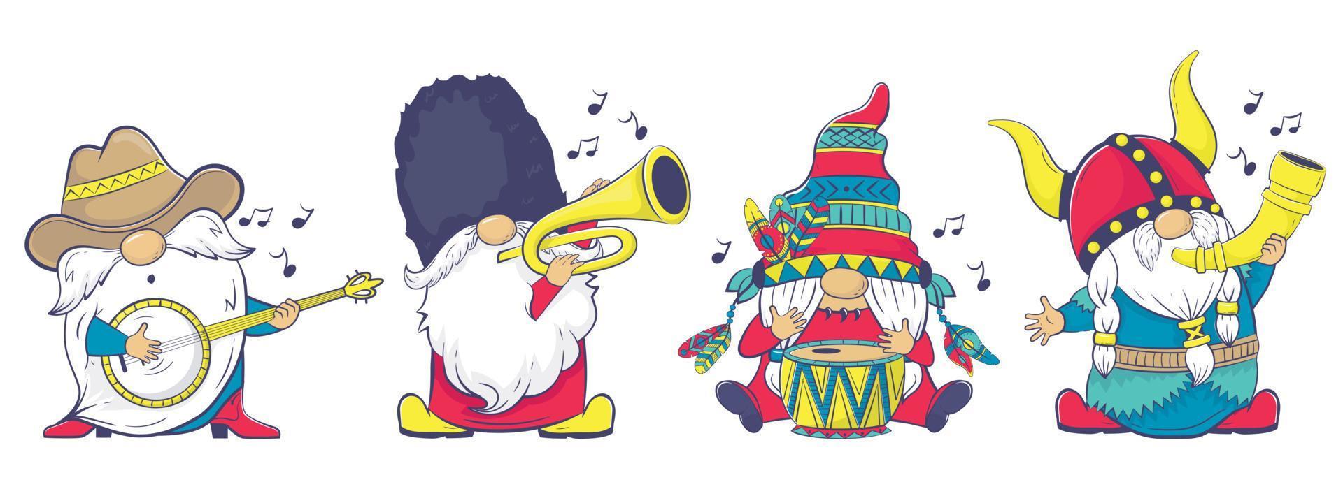 il internazionale gnomo gruppo musicale clipart. musicale gnomi nel nazionale costumi vettore