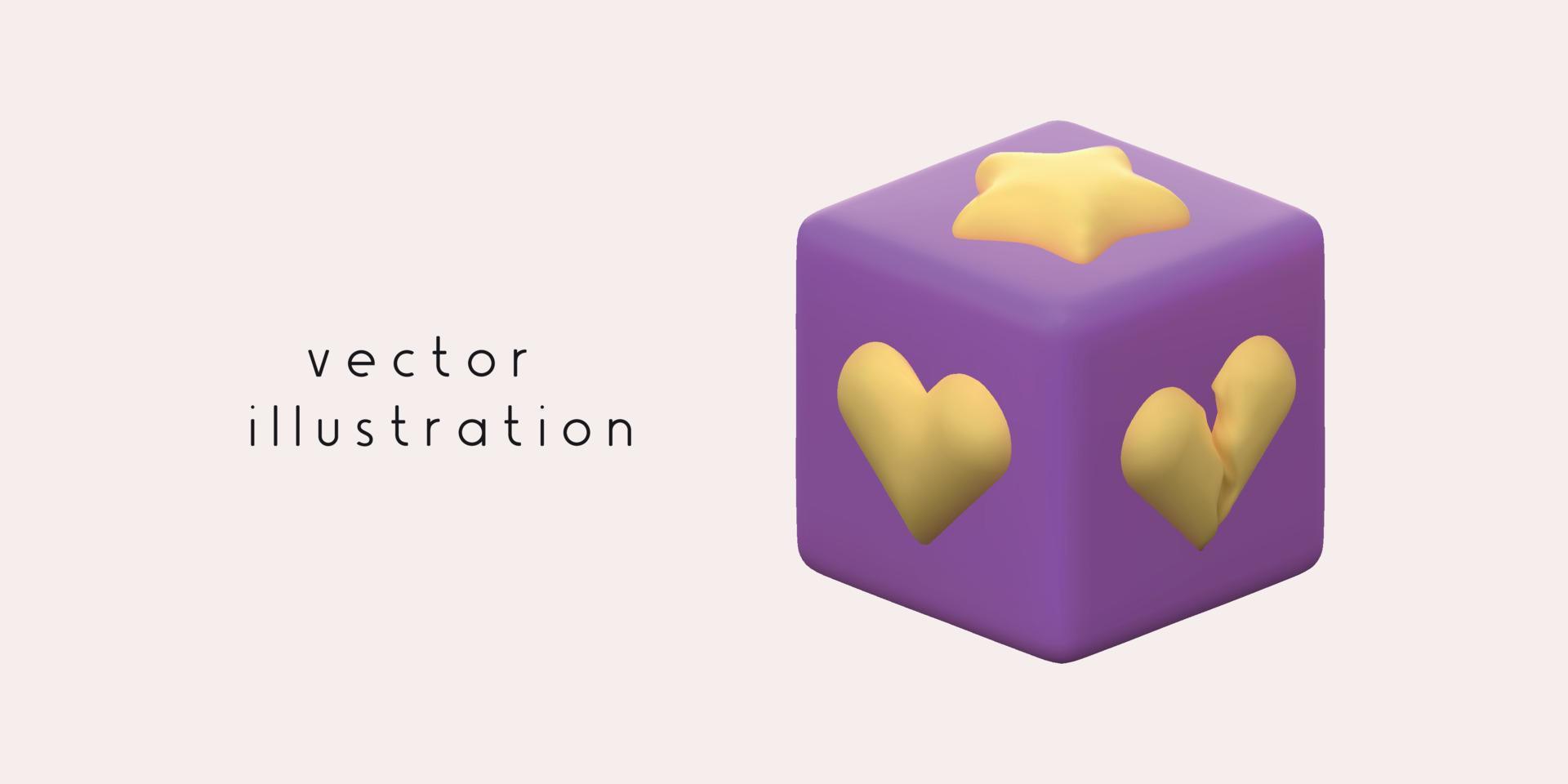vettore 3d illustrazione di un' dado con cuore, rotto cuore e stella. risposta 3d rendere nel viola e giallo