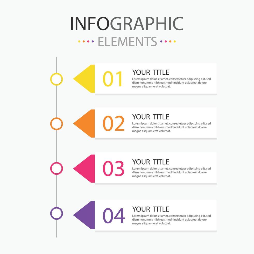 quattro moderno testo scatola infografica elementi freccia forma per uso nel attività commerciale, presente squadra opera eccetera. infografica elementi con 4 colori. vettore