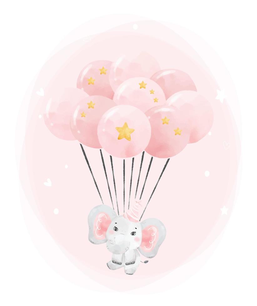 carino contento bambino rosa elefante compleanno ragazza Tenere mazzo di rosa palloncini, adorabile asilo compleanno natura animale acquerello cartone animato illustrazione vettore