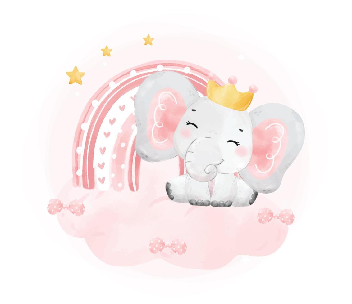 carino contento allegro Sorridi bambino rosa elefante ragazza e boho arcobaleno su rosa nube, adorabile asilo compleanno natura animale acquerello cartone animato illustrazione vettore