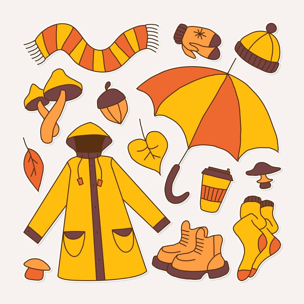impostato di icone simboleggiante autunno, luminosa cartone animato infantile stile, vettore