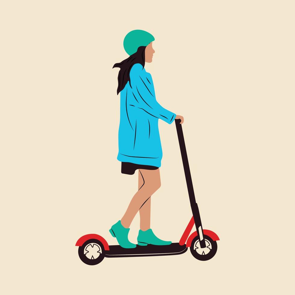 giovane femmina personaggio con zaino cavalcata moderno urbano trasporto elettrico calcio scooter. attivo fricchettone adulto del Millennio usi stile di vita ecologia tecnologie. giovane femmina personaggio con zaino vettore