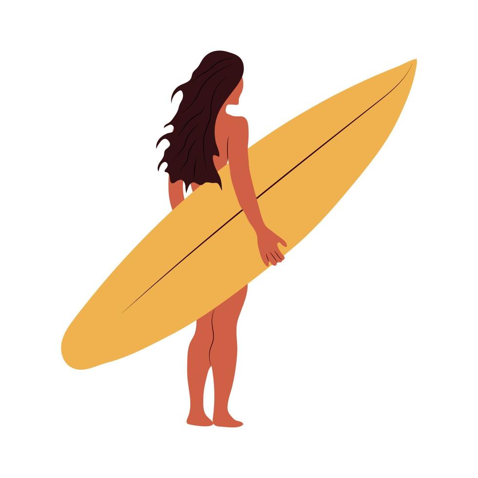 un' ragazza con un' tavola da surf è in piedi nel davanti di un' bianca sfondo. vettore