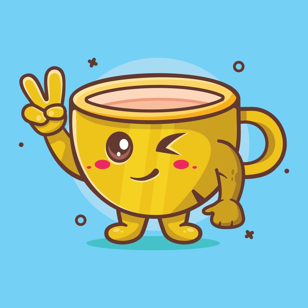carino caffè tazza personaggio con pace cartello mano gesto isolato cartone animato nel piatto stile design vettore