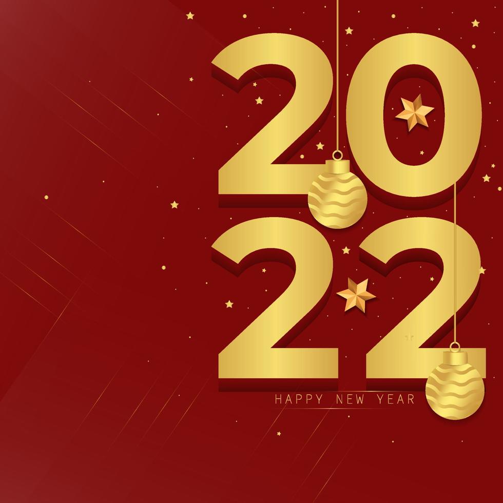 contento nuovo anno 2022 design. 2022 oro testo, sospeso Natale palla con stelle su rosso sfondo. nuovo anno celebrazione. saluto carta, striscione, manifesto. vettore illustrazione.