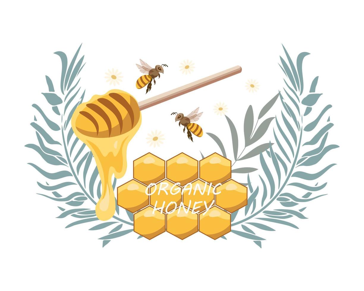 Favo con miele mestolo e api. biologico Miele. vettore illustrazione, icona, logo