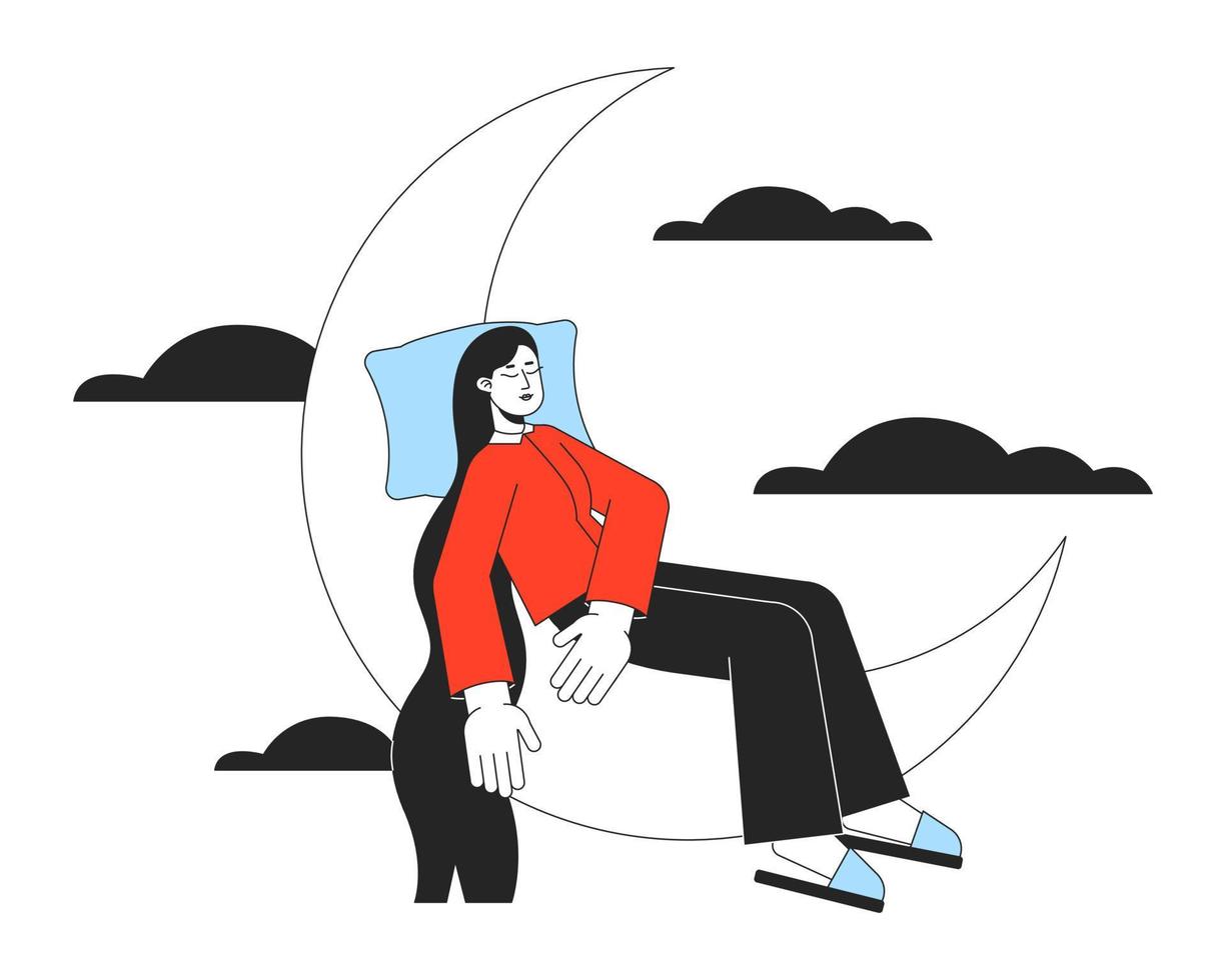 salutare dormire igiene piatto linea concetto vettore individuare illustrazione. donna napping su mezzaluna 2d cartone animato schema personaggio su bianca per ragnatela App ui design. mentale benessere modificabile colorato eroe Immagine