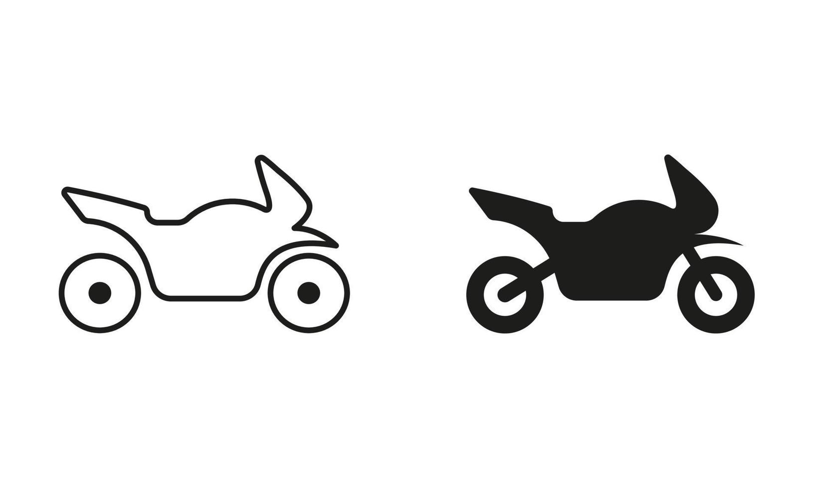 motociclo linea e silhouette nero icona impostare. sport motocicletta pittogramma. il motore bicicletta trasporto schema e solido simbolo collezione. motociclo, scooter, motocicletta cartello. isolato vettore illustrazione.