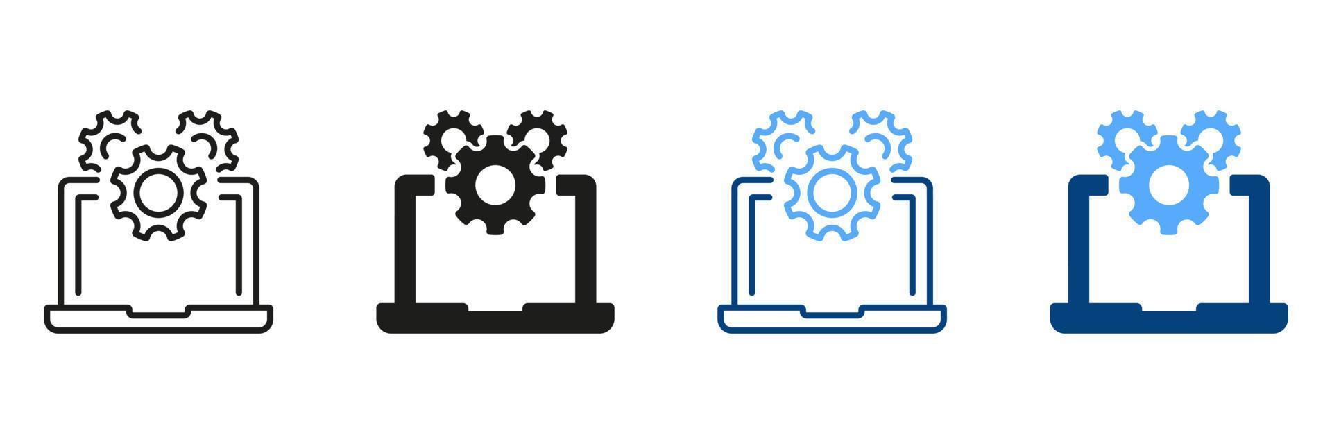 Software servizio simbolo collezione. impostazioni e configurazione di il computer portatile pittogramma. tecnico supporto cartello. computer sistema aggiornare linea e silhouette icona impostare. vettore isolato illustrazione.