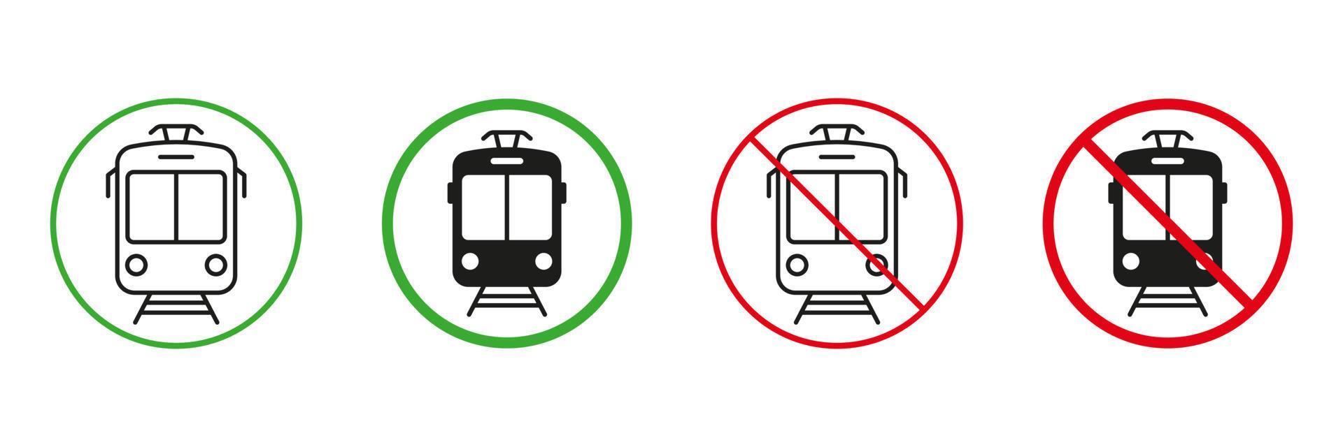 tranvia linea e silhouette icone impostare. elettrico tram, permesso e non permesso mezzi di trasporto simbolo collezione. tram modo rosso e verde strada segni. isolato vettore illustrazione.