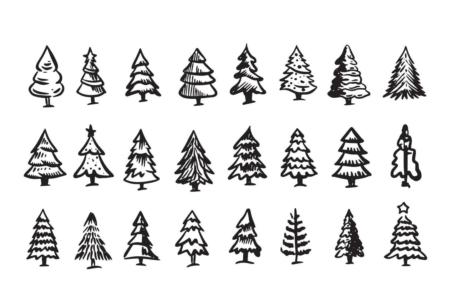 set di alberi di natale, illustrazioni disegnate a mano. vettore