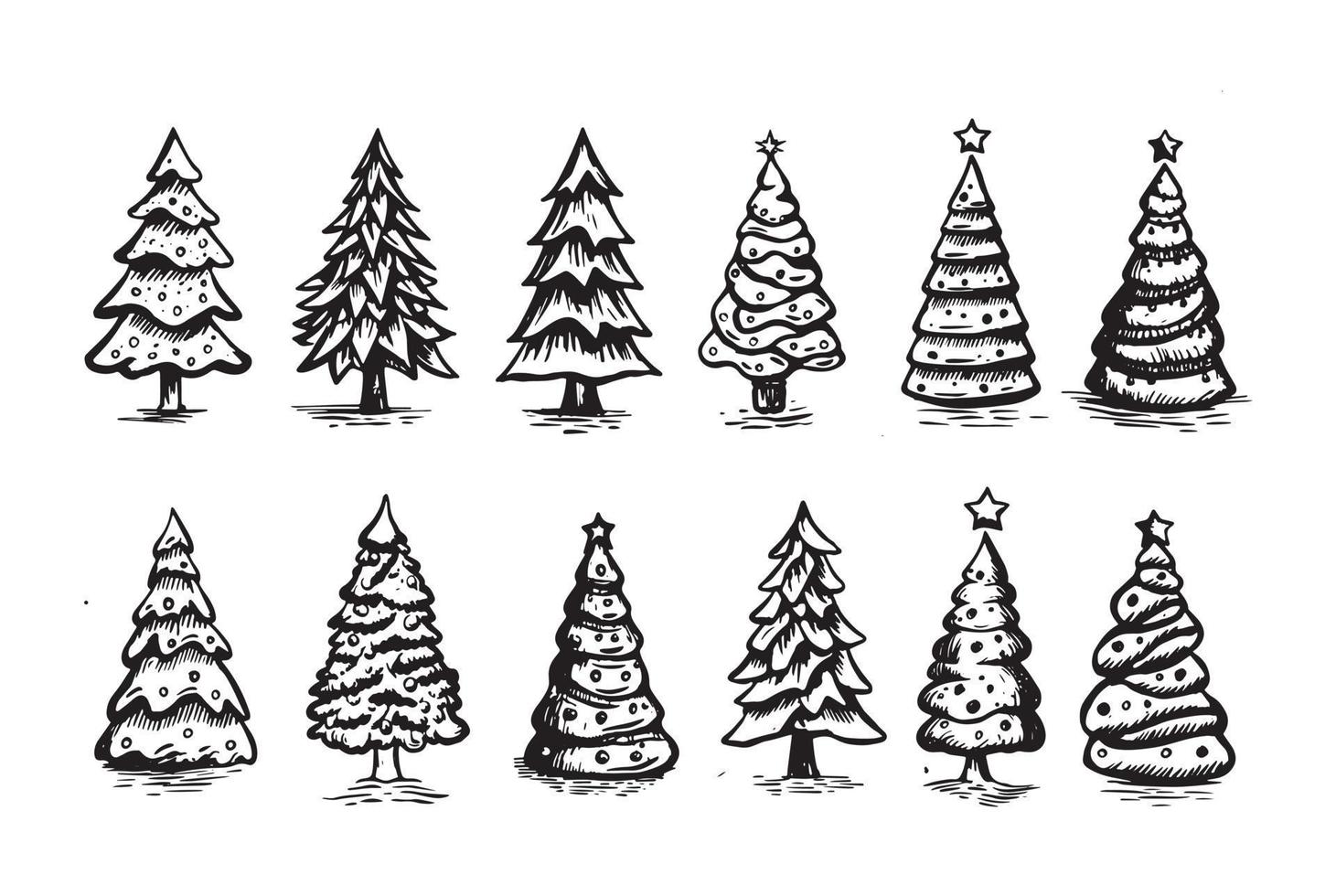 set di alberi di natale, illustrazioni disegnate a mano. vettore