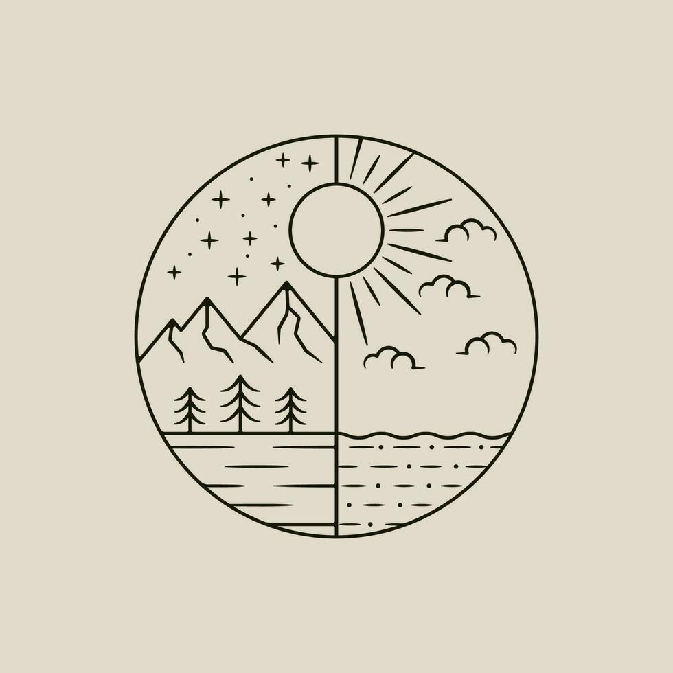 minimalista loghi. Luna, sole, giorno, notte, cielo, duna, acqua, nuvole linea arte design vettore