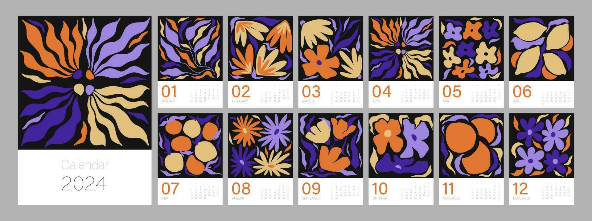 floreale calendario modello per 2024. verticale design con luminosa colorato fiori e le foglie. modificabile illustrazione pagina modello a4, a3, impostato di 12 mesi con coperchio. vettore maglia. settimana inizia su domenica.