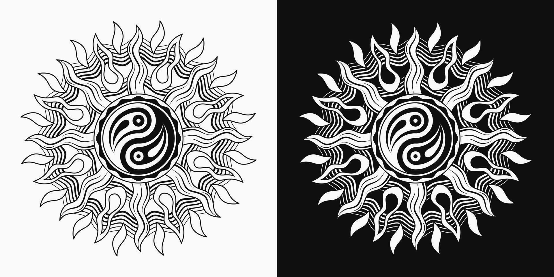 sole con ying yang simbolo. concetto di armonia e equilibrio. monocromatico illustrazione nel Vintage ▾ stile su bianca, nero sfondo. solare cartello, alchimia e astrologia simbolo. bene per bello, hippie stile vettore