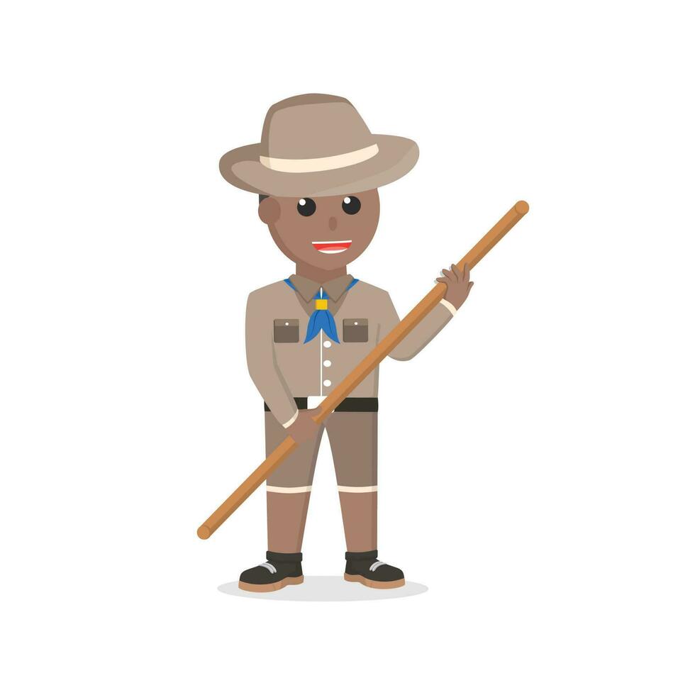 ragazzo esploratore africano Tenere bastone design personaggio su bianca sfondo vettore