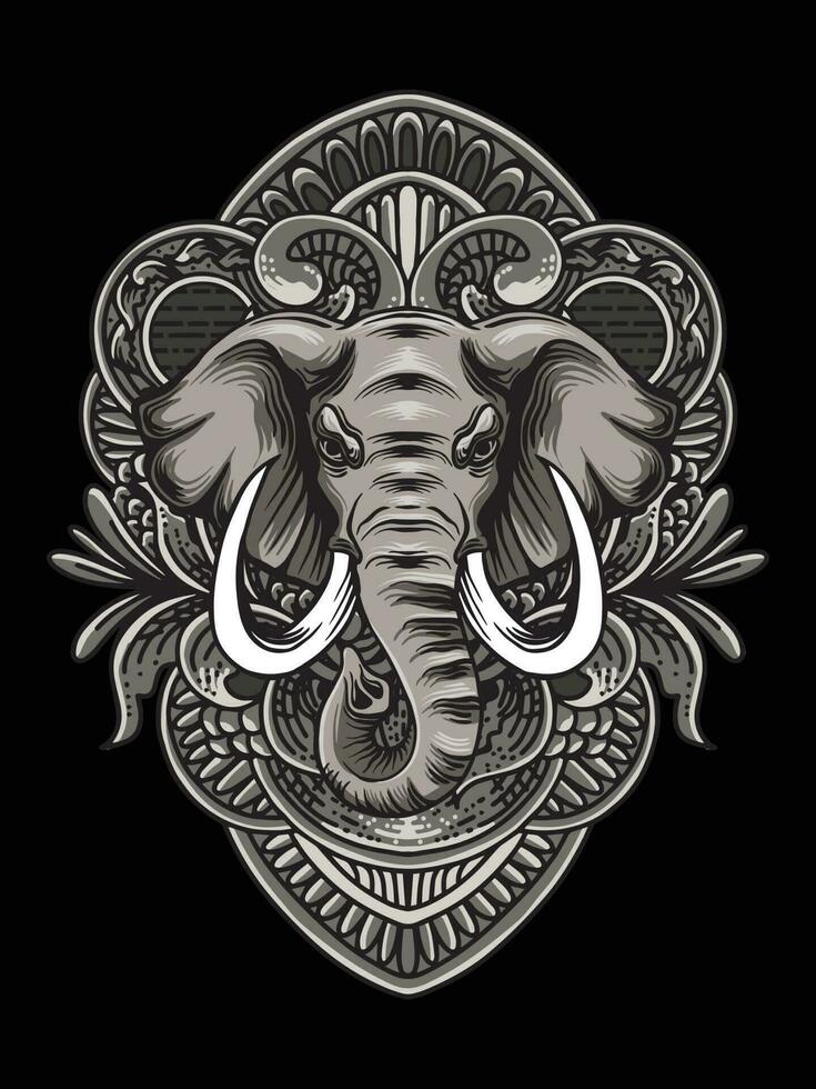 illustrazione elefante testa con incisione ornamento vettore