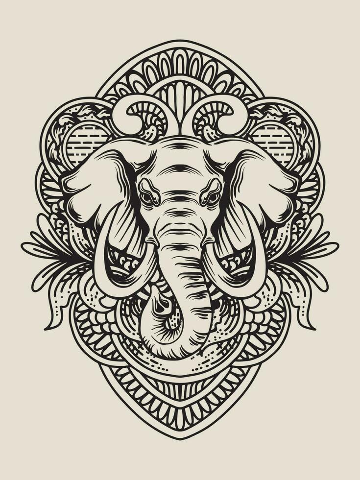 illustrazione elefante testa con incisione ornamento vettore