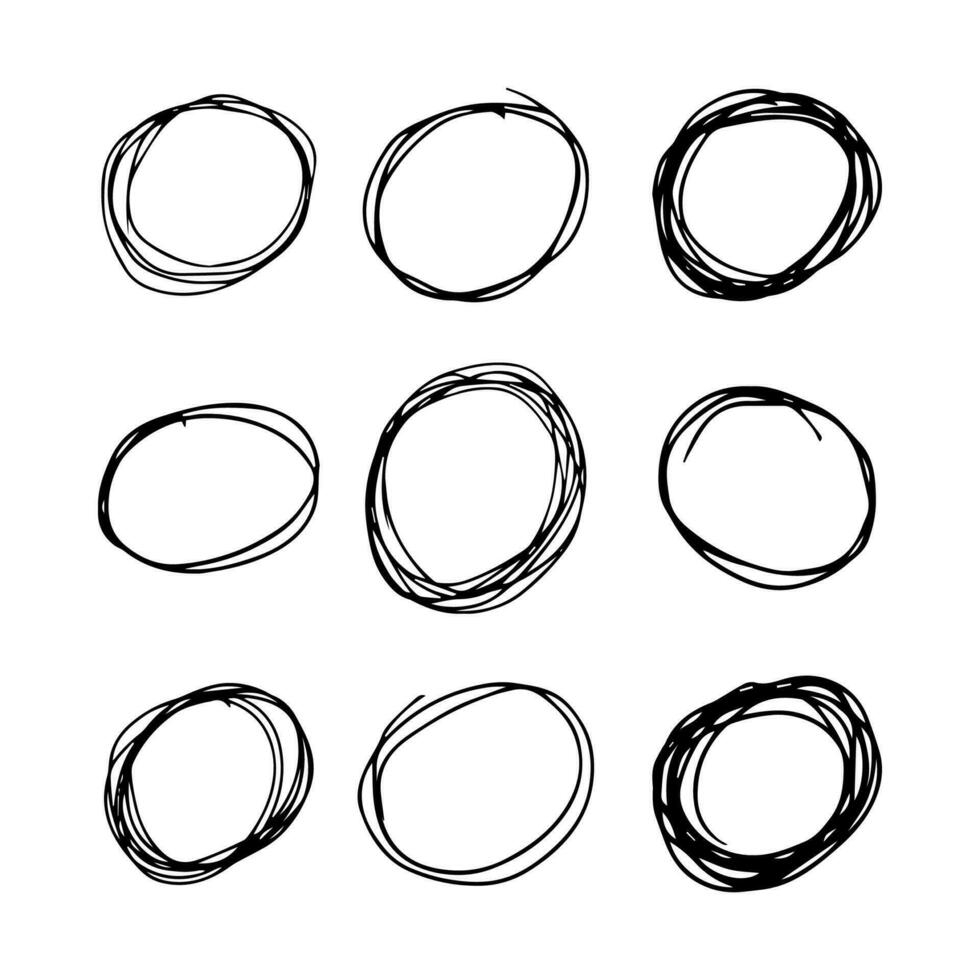 mano disegnato scarabocchiare cerchi. impostato di nove nero scarabocchio il giro circolare design elementi su bianca sfondo. vettore illustrazione