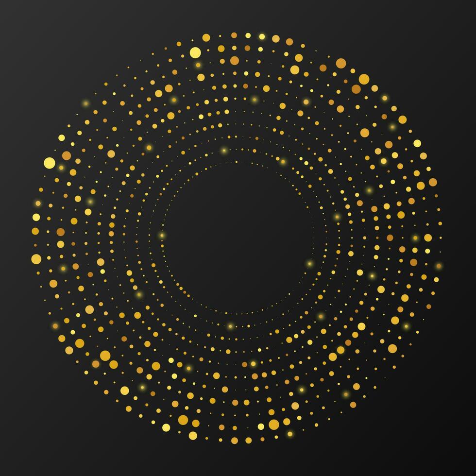 astratto oro raggiante mezzitoni tratteggiata sfondo. oro luccichio modello nel cerchio modulo. cerchio mezzitoni punti. vettore illustrazione