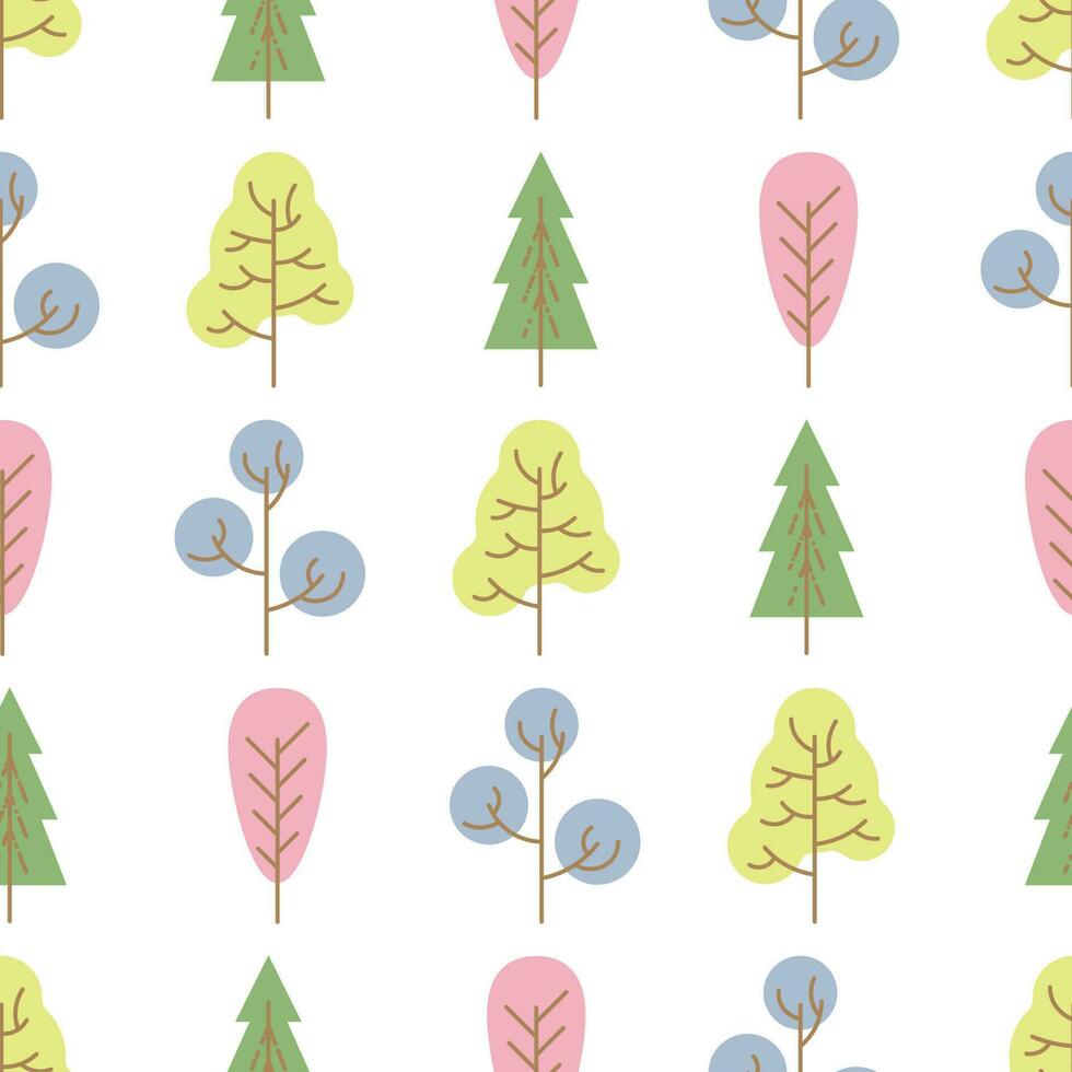 senza soluzione di continuità modello con colorato alberi su bianca sfondo. vettore illustrazione.