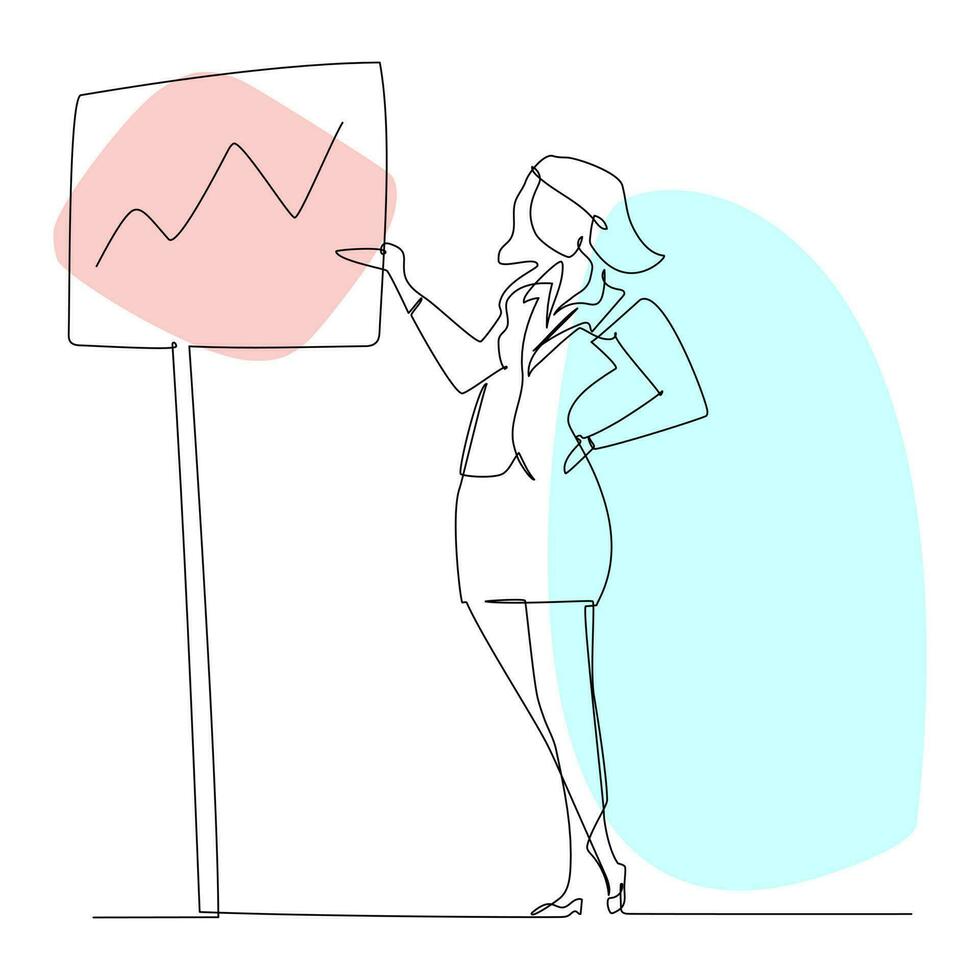 donna d'affari presentazione un' aziende rapporto grafico su un' cartello. vettore illustrazione per attività commerciale e formazione scolastica grafico design