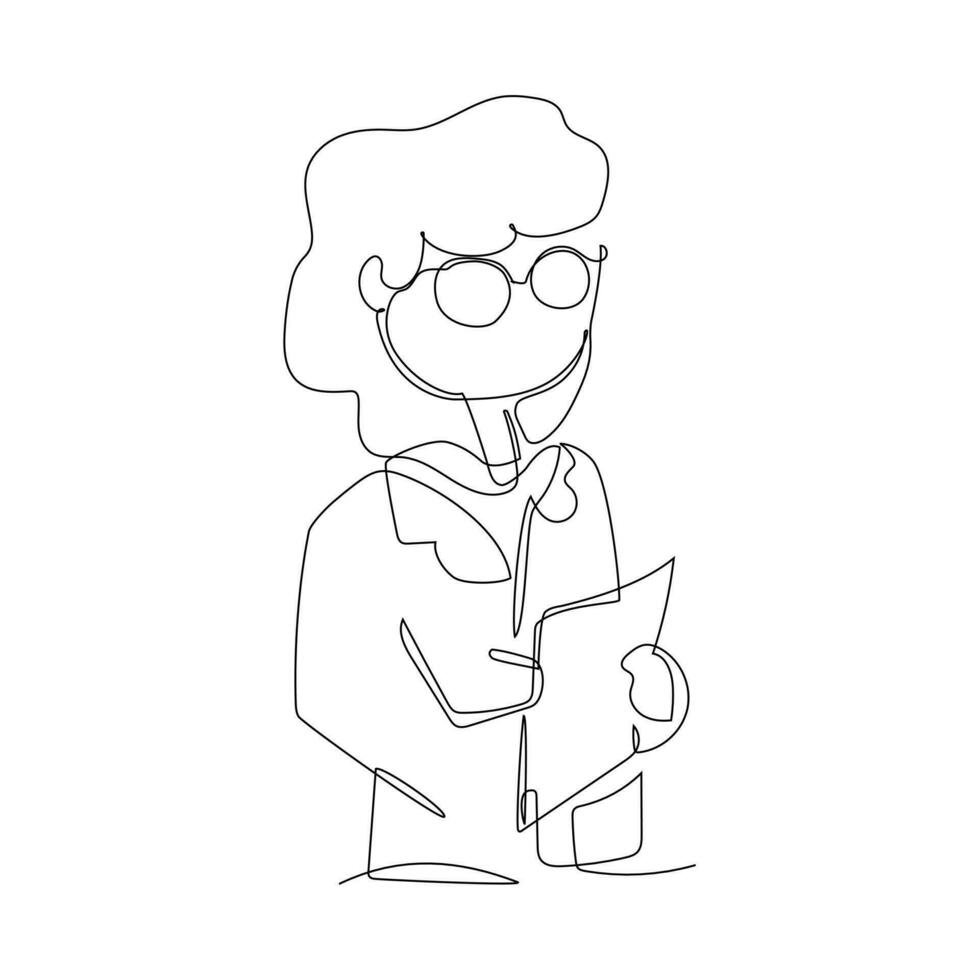 continuo uno linea disegno di un' donna medico nel bicchieri Tenere un' clipboard. vettore illustrazione
