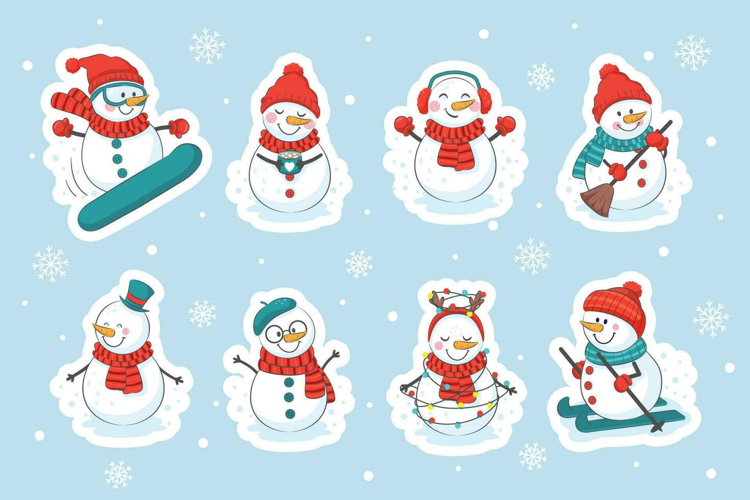 carino Natale pupazzi di neve vettore illustrazioni impostare. inverno all'aperto attività. allegro pupazzi di neve nel diverso costumi.