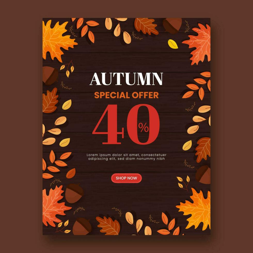 autunno vendita aviatore design con autunnale le foglie e ghianda decorato su Marrone di legno struttura sfondo. vettore