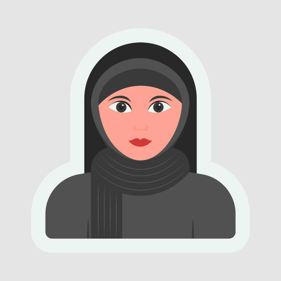 etichetta stile islamico giovane donna nel hijab personaggio su grigio sfondo. vettore