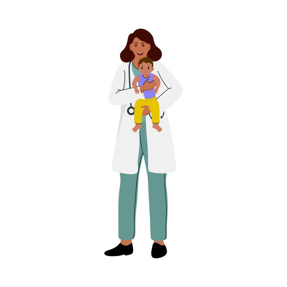 femmina medico Tenere un' bambino nel in piedi posa su bianca sfondo. vettore