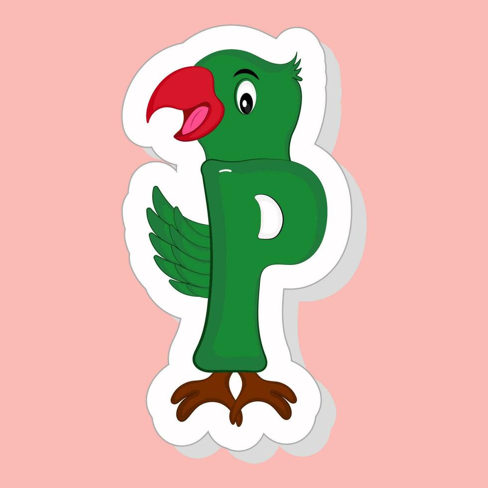 etichetta stile p alfabeto animale cartone animato pappagallo su rosa sfondo. vettore