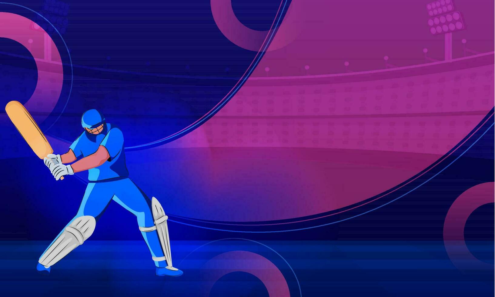 cricket campionato concetto con personaggio illustrazione di un' pastella nel blu maglia, stadio sfondo e spazio per il tuo testo. vettore