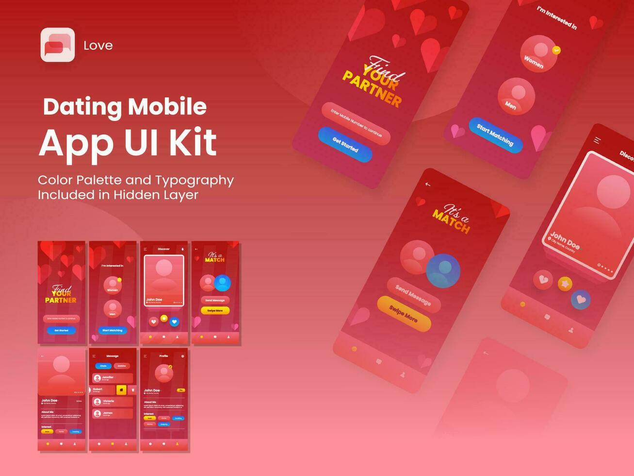 incontri App ui kit per di risposta mobile applicazione o sito web con multiplo gui Compreso Accedere, cartello su, posto e utente profilo genere schermi. vettore