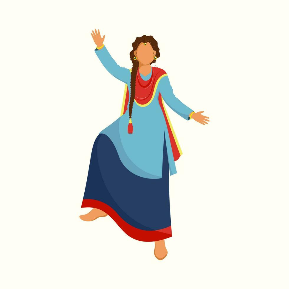 senza volto giovane punjabi donna l'esecuzione bhangra danza nel tradizionale abbigliamento. vettore