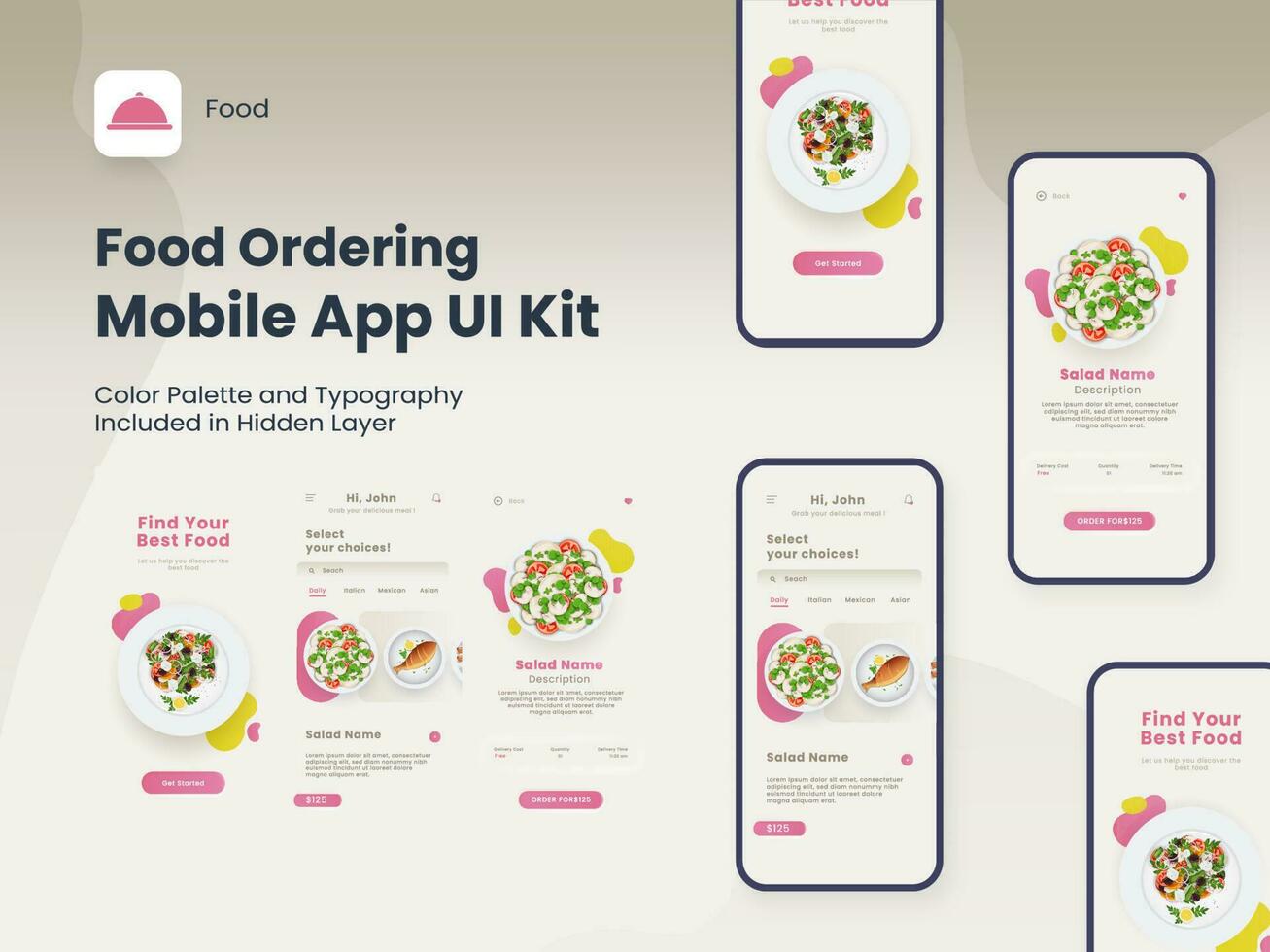 cibo ordinazione mobile App ui kit con multiplo schermi per ristorante o Hotel. vettore