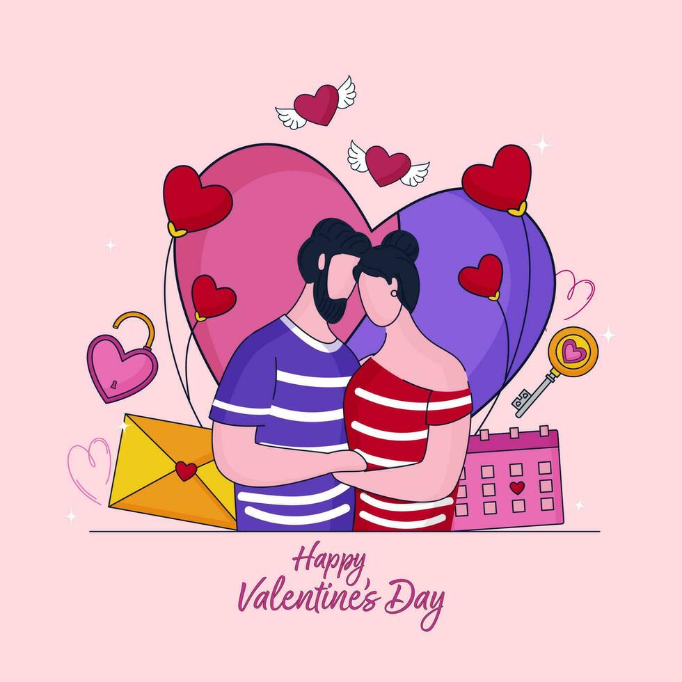 contento San Valentino giorno concetto con senza volto Abbracciare una persona coppia, Busta, calendario, lucchetto, chiave e cuori su rosa sfondo. vettore