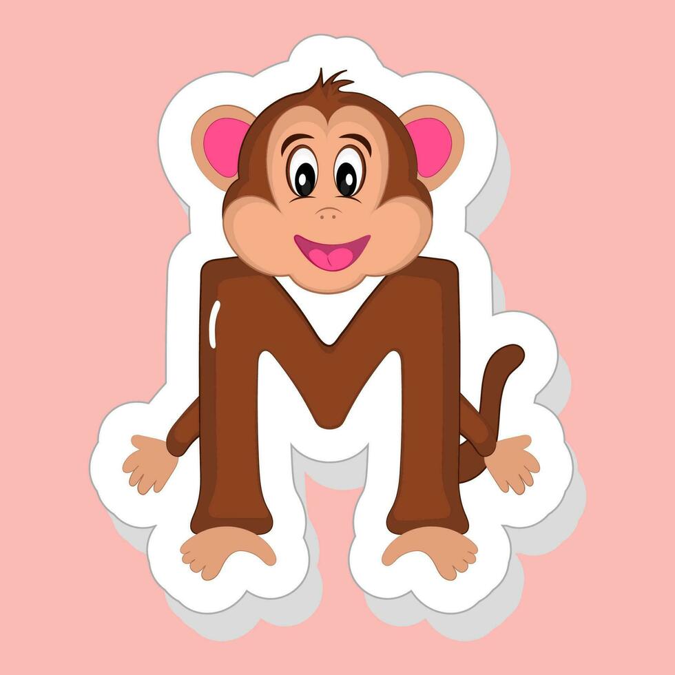 etichetta stile m alfabeto animale cartone animato scimmia su rosa sfondo. vettore