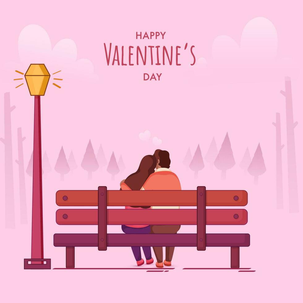 contento San Valentino giorno manifesto design con posteriore Visualizza di giovane amante abbracciare sedersi a panca, strada lampada su rosa natura sfondo. vettore
