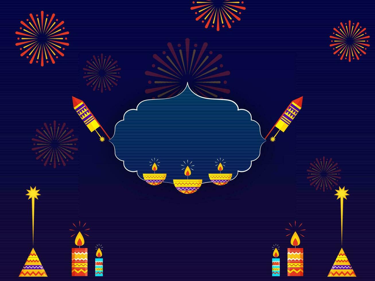 Diwali celebrazione sfondo con illuminato olio lampade, candele, fuochi d'artificio e copia spazio. vettore