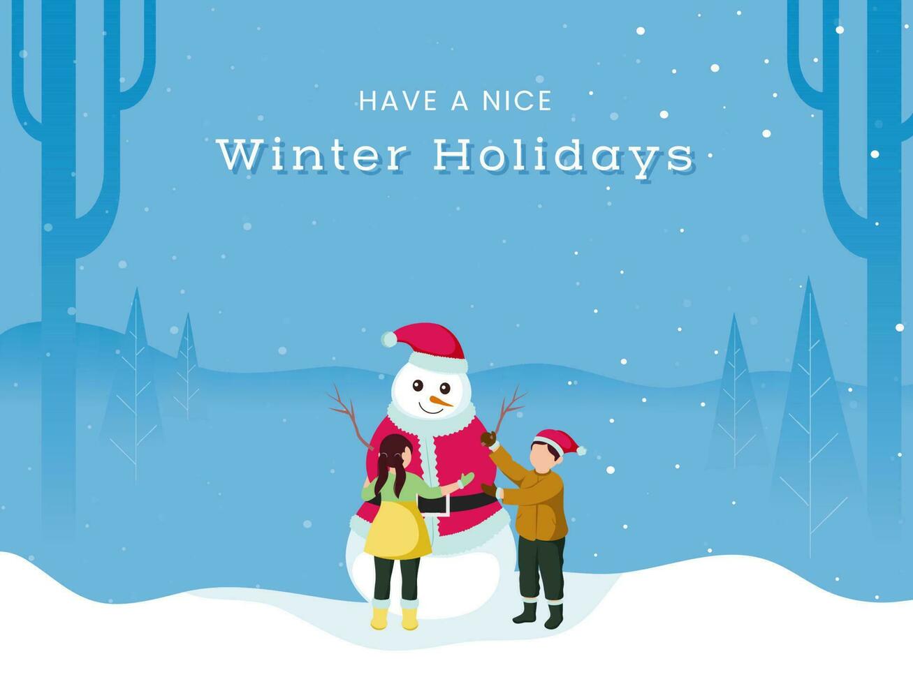 inverno vacanze concetto con cartone animato bambini in piedi vicino pupazzo di neve su bianca e blu neve caduta natura sfondo. vettore